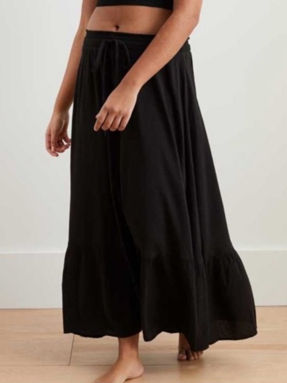 Aerie Tiered Maxi Skirt Black Elastic Waist Cotton L